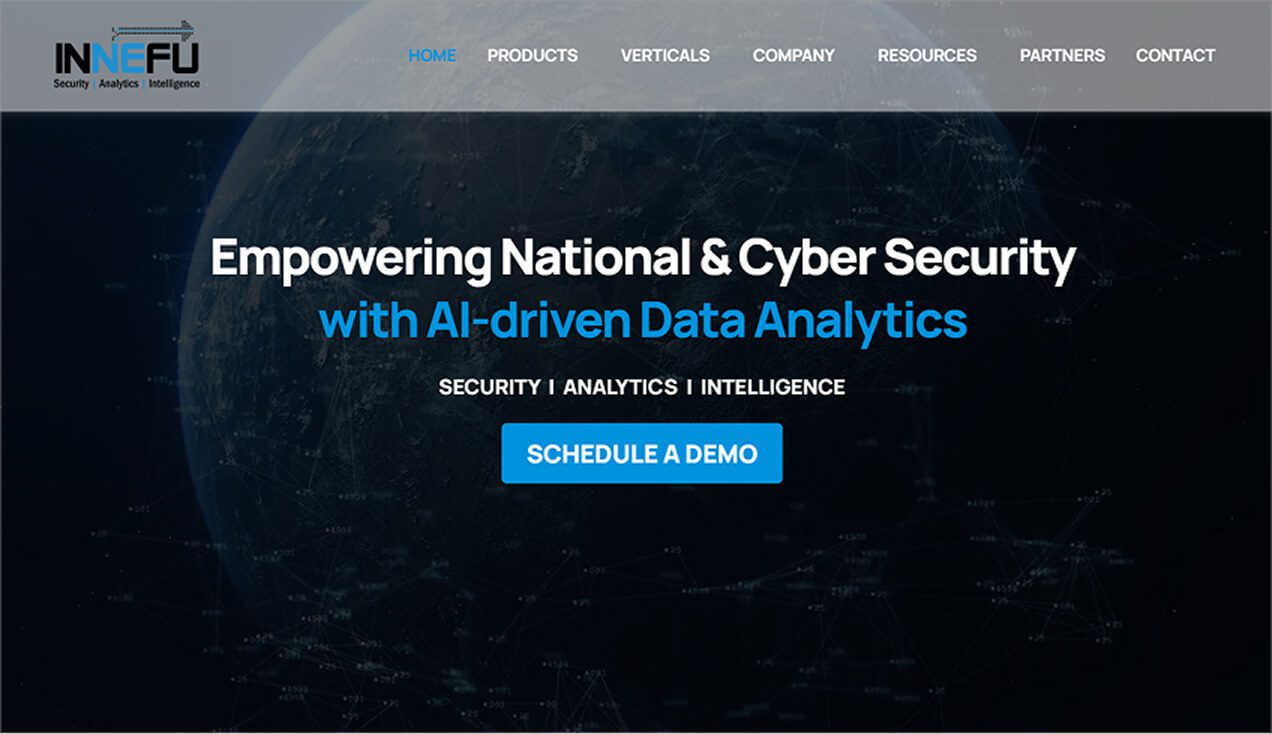 Screenshot of the new Innefu Labs website homepage: "Empowering National & Cyber Security With AI-driven Data Analytics" with a call-to-action button, reflecting a focus on advanced cybersecurity solutions.