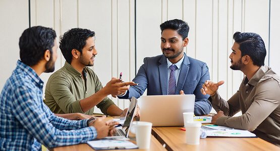 A group of four professionals in a modern office having a focused discussion around a table, symbolizing a consulting session and collaborative strategic planning.