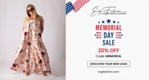 Fashion display ad for EUG Fashion promoting a 20% OFF Memorial Day Sale with a coupon code, driving seasonal summer sales.