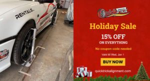 Display ad for QuickTrick Alignment advertising a 15% OFF Holiday Sale with a coupon code, designed to drive seasonal conversions.
