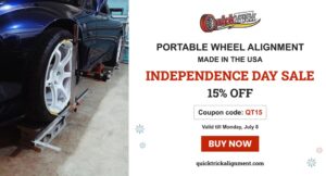 Display ad for QuickTrick Portable Wheel Alignment advertising a 15% OFF Independence Day Sale to boost patriotic, seasonal sales.