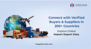 Marketing banner for HAPPiLY TRADE EXIM focusing on connecting with Verified Buyers & Suppliers globally using Import Export Data.