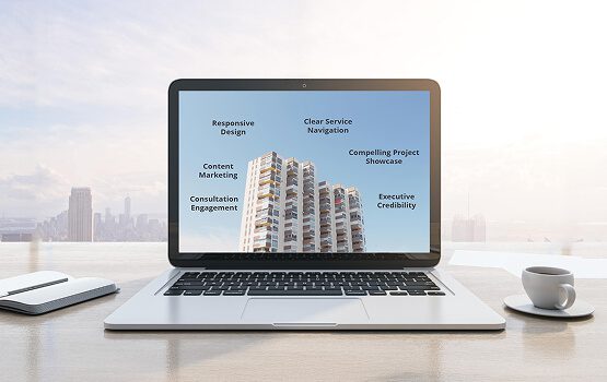 A laptop displaying a 3D architectural rendering or a professional website with an image of a modern building, illustrating the digital platform's features for showcasing expertise and engaging clients.