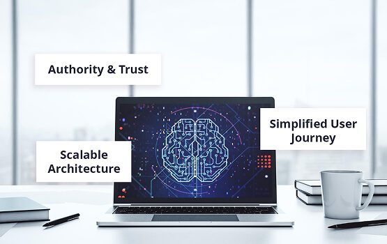 A laptop screen displaying a web interface with a digital brain visualization, surrounded by text and data, illustrating the user-friendly interface and the technical features of the neurotech platform.