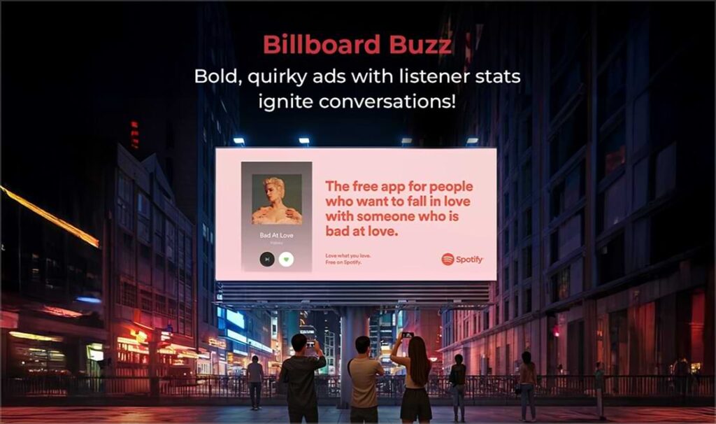 Marketing graphic simulating a Billboard Buzz ad, promoting a free app for people who want to fall in love and driving high-impact outdoor media engagement.