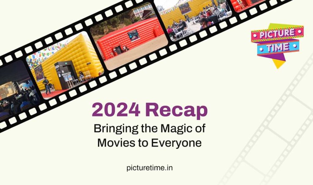 Social media graphic for Picture Time Mobile Cinema presenting their 2024 Recap, bringing the magic of movies to everyone with their inflatable theaters.