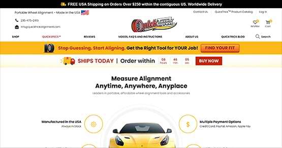 QuickTrick Alignment website, showcasing their portable alignment solutions, developed with WooCommerce, Google Ads, and Email Marketing expertise for sales growth.