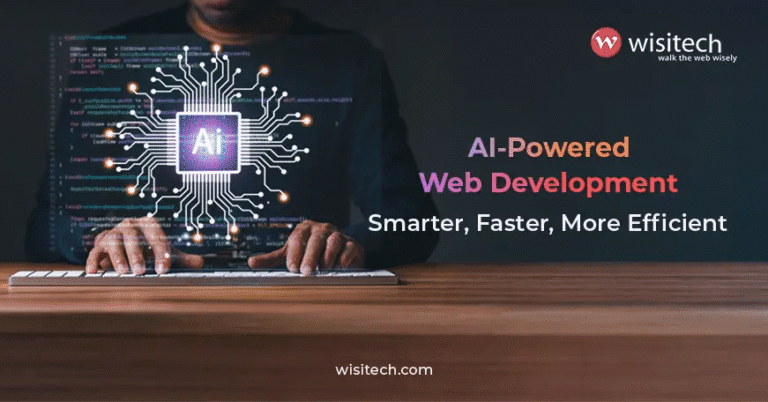 AI-driven website development process with futuristic coding elements.