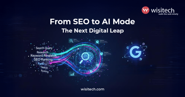 Graphic showing keywords evolving into AI-powered insights, symbolizing the shift from traditional SEO to AI Mode.