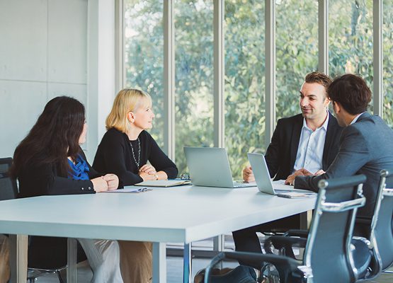 Wisitech consulting services in action, showing a team meeting to discuss Business Analysis, UX Consulting, and Performance Audits for the QuickTrick platform.
