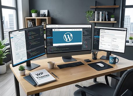 Custom WordPress development services workspace showing WordPress website and plugin development on multiple monitors