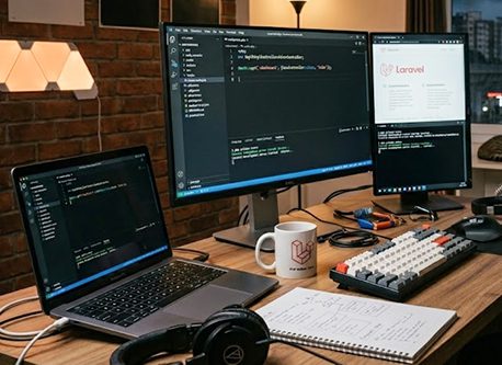 Laravel development company workspace showing Laravel web application development on multiple monitors