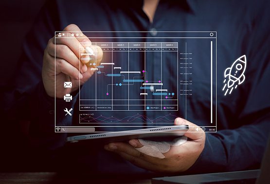Product development team model illustration showing digital product planning and roadmap on laptop screen