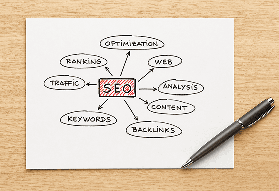 Hand-drawn mind map showing SEO strategy connected to ranking, keywords, content, backlinks, and web optimization