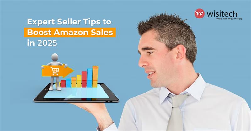 Man with a notepad displaying a 3D bar graph depicting 2025 Amazon sales trends.