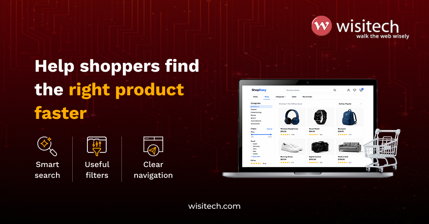 Product discovery features in ecommerce website design including search filters and clear navigation