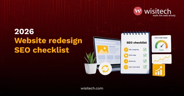 Redesign a website SEO checklist showing URL mapping, meta tags, and Core Web Vitals