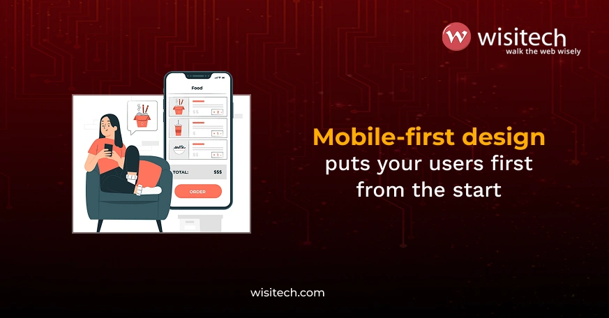 Illustration of a woman browsing a food ordering app on mobile, representing mobile-first web design and user experience