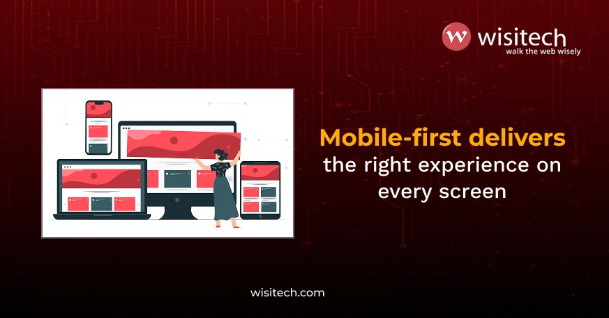 Illustration of a woman managing responsive website layouts across mobile, tablet, laptop, and desktop screens