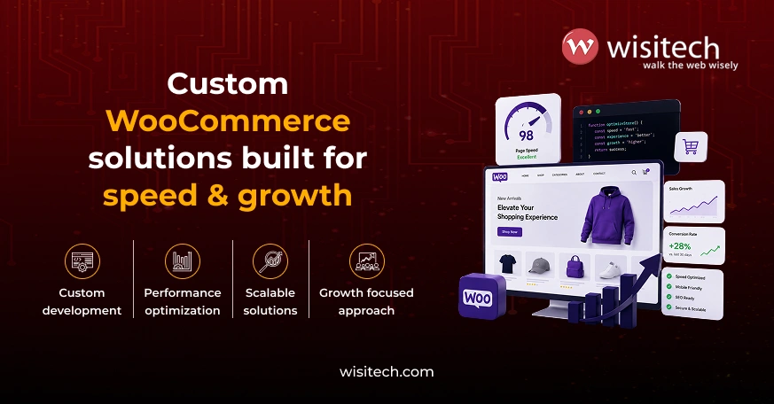 A visual representation of a WooCommerce ecommerce store depicting performance, scalability, and user experience