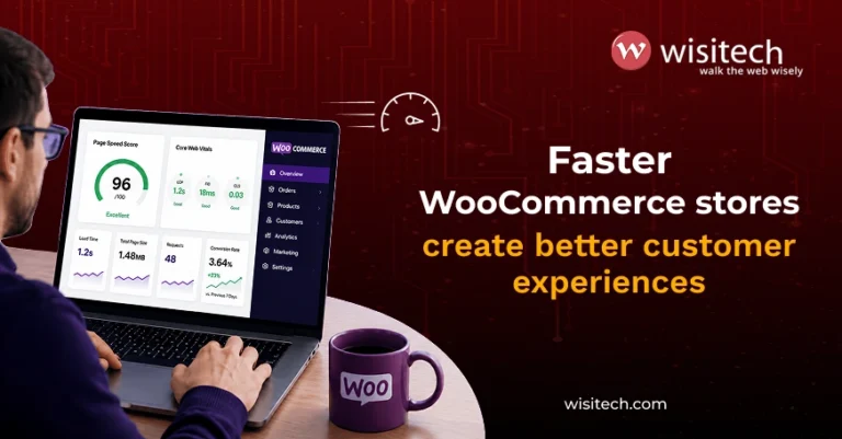 Developer analyzing WooCommerce website performance metrics and page speed improvements on an ecommerce dashboard