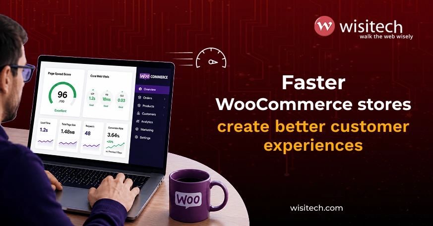Developer analyzing WooCommerce website performance metrics and page speed improvements on an ecommerce dashboard