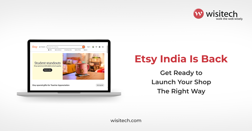 Illustration of an Etsy seller setting up an online shop on a laptop with India-specific marketplace elements 
