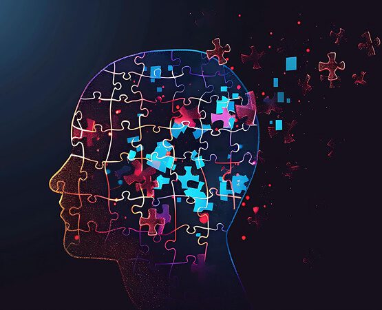 A colorful, glowing three-dimensional representation of a human head and neural network against a dark background, symbolizing the complex, high-tech challenges in the neurotech and AI domain.