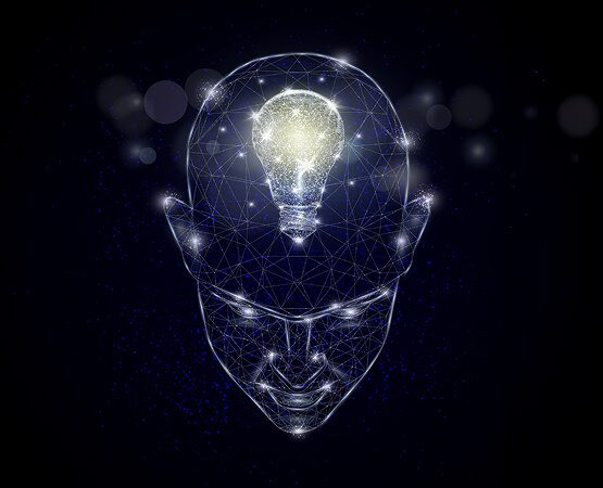 A glowing lightbulb inside a digital, wireframe human head on a dark background, symbolizing a breakthrough idea, technical innovation, and the successful neurotech solution delivered.