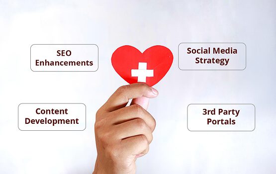 A 3D illustration of a glowing red heart on a white background, symbolizing the key features focused on patient care, connection, and emotional brand development.