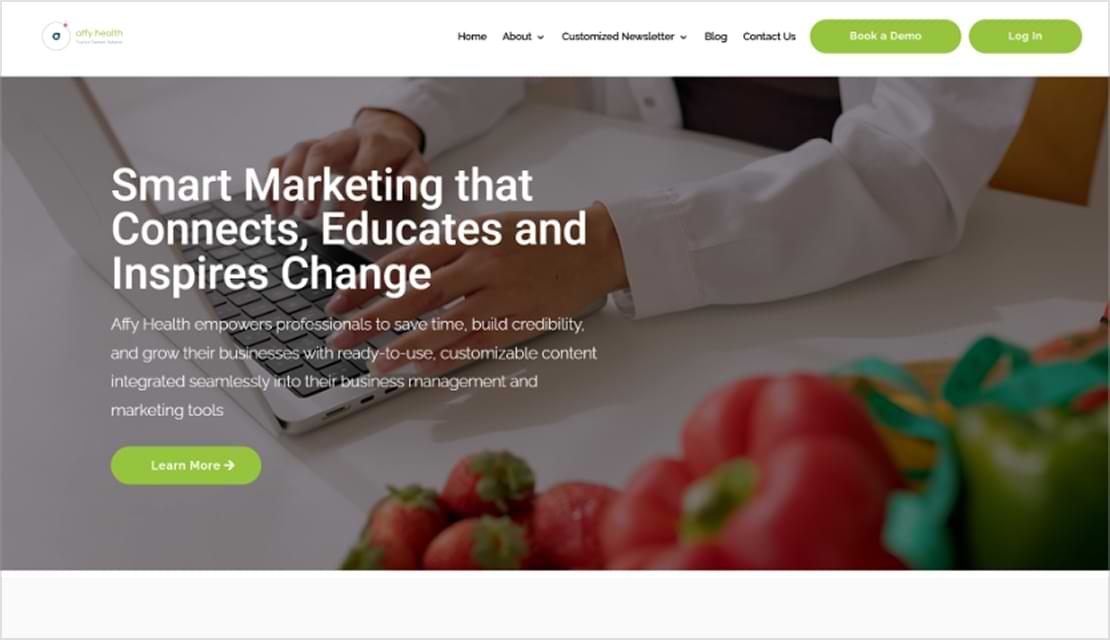 Affy Health AI-powered nutrition newsletter platform by Wisitech enabling personalized email campaigns, Mailchimp integration, subscription management, and affiliate marketing