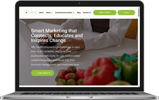 A laptop displaying the improved Affy Health website on the screen, highlighting the functional and visual success of the digital wellness platform project.