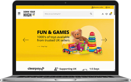 A laptop displaying the improved Down Your High Street website on the screen, highlighting the functional and visual success of the multi-vendor e-commerce platform project.