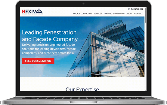 A laptop displaying the improved Nexivaa website with professional graphics, highlighting the functional and visual success of the digital transformation project.