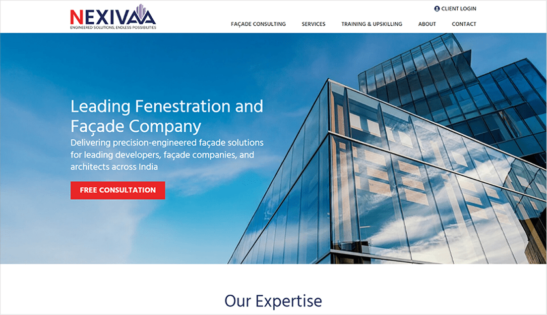 Screenshot of the Nexivaa website banner with the slogan "Leading Femininization and Consulting Engineering" over an image of a modern city skyline and architecture, reflecting a focus on engineering excellence.