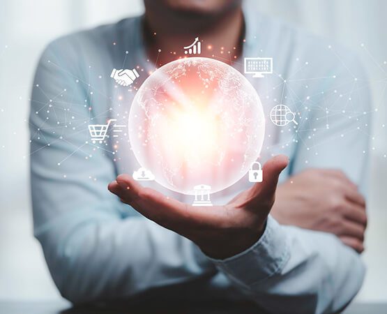 person holding glowing digital sphere-key feature