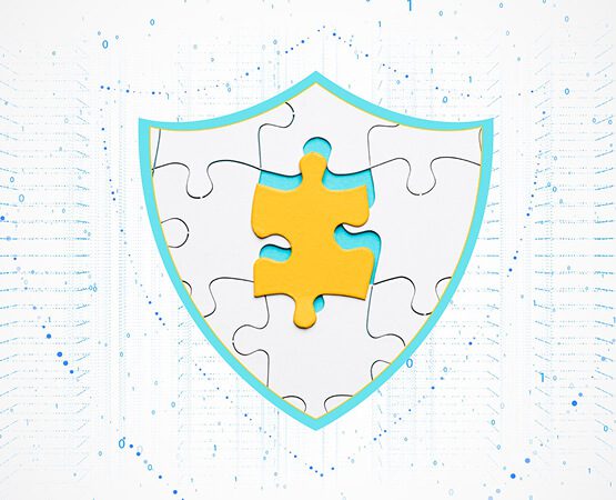 A yellow puzzle piece shaped like a shield placed over a digital security network, symbolizing the challenge of establishing trust and authority in the competitive cybersecurity market.
