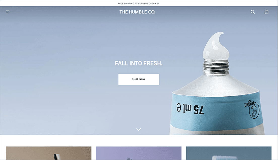 Screenshot of The Humble Co. e-commerce website homepage, featuring a stylish design and a prominent image of an eco-friendly oral care product, reflecting its brand focus on sustainability.