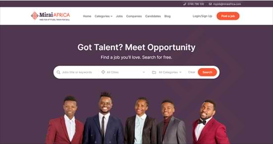 Miral Africa website, a Web App Development example with UX/UI Design, serving as a custom job-matching platform connecting talent and employers across Africa.