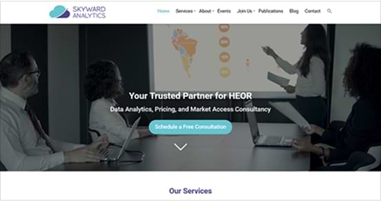 Skyward Analytics website, a Web App Development example with UX/UI Design and WordPress, delivering data-driven healthcare insights and market access solutions.