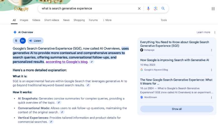 A snapshot of Google’s Search Generative Experience (SGE) displaying an AI-generated overview in search results.