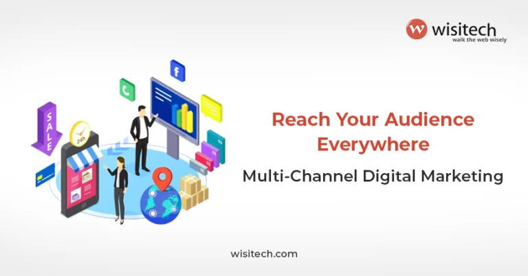 Flat-style digital illustration of a laptop surrounded by icons representing multi-channel digital marketing platforms.