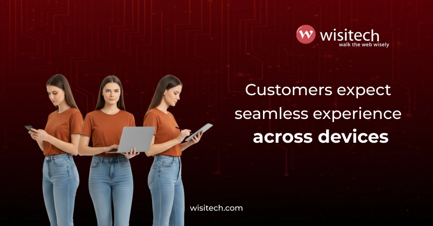 Customer using mobile, laptop, and tablet while browsing a business website