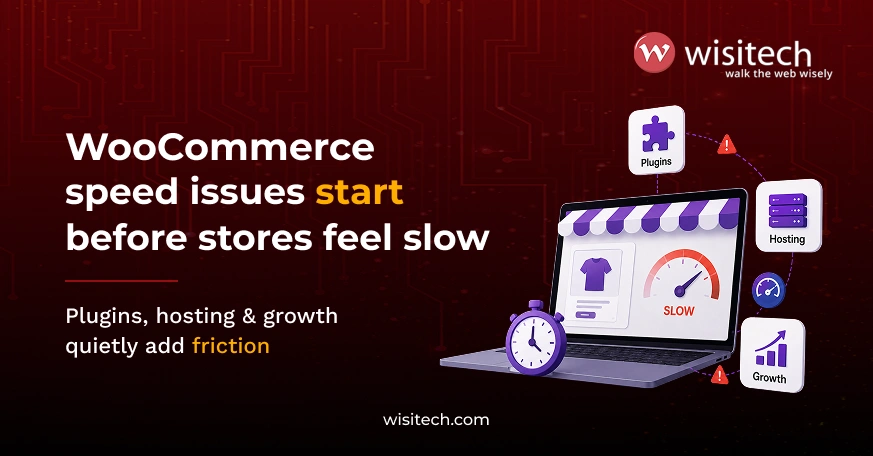 WooCommerce slow loading graphic showing how plugins, hosting, and store growth impact site performance.