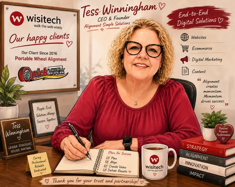 Caricature of Tess Winningham celebrating a decade-long partnership with Wisitech.