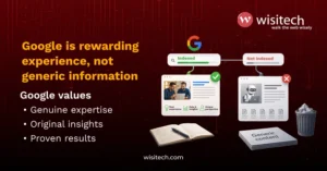 Illustration showing non-commodity content with authentic expertise being indexed by Google while generic content is ignored