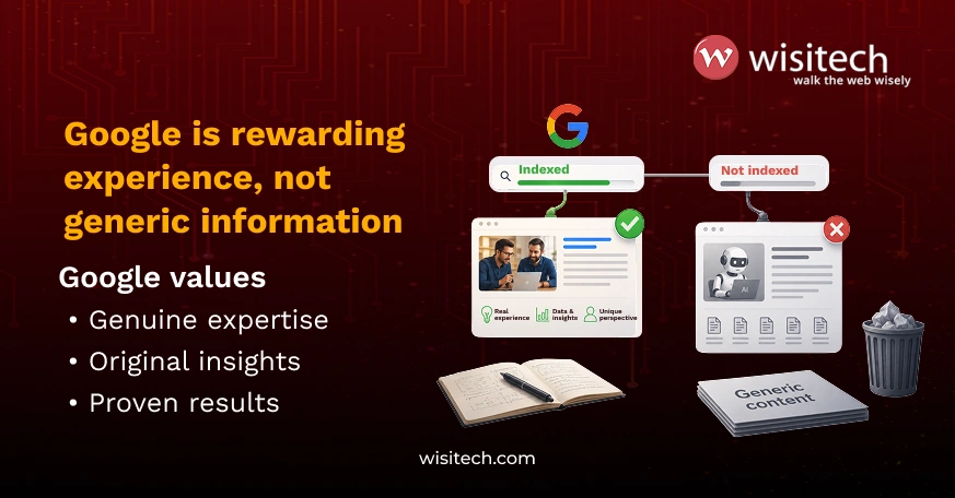 Illustration showing non-commodity content with authentic expertise being indexed by Google while generic content is ignored