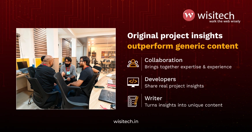 Content writer collaborating with developers and subject matter experts to create original SEO content from real project experience