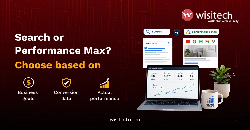 Comparison of Search campaigns and Performance Max for small business Google Ads strategy based on conversion data and business goals