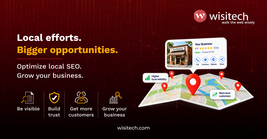 Graphic illustrating Local SEO for US small businesses with local visibility, customer trust, and business growth through Google search.